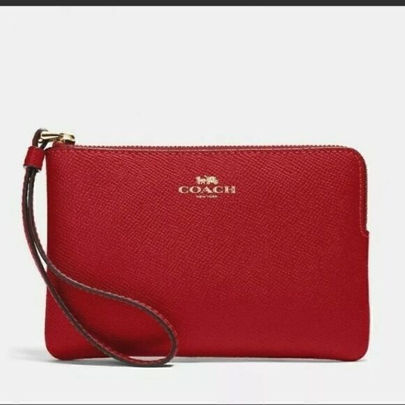 COACH Leather Wristlet 58032 Corner Zip Wristlet Red / gold - Picture 1 of 3